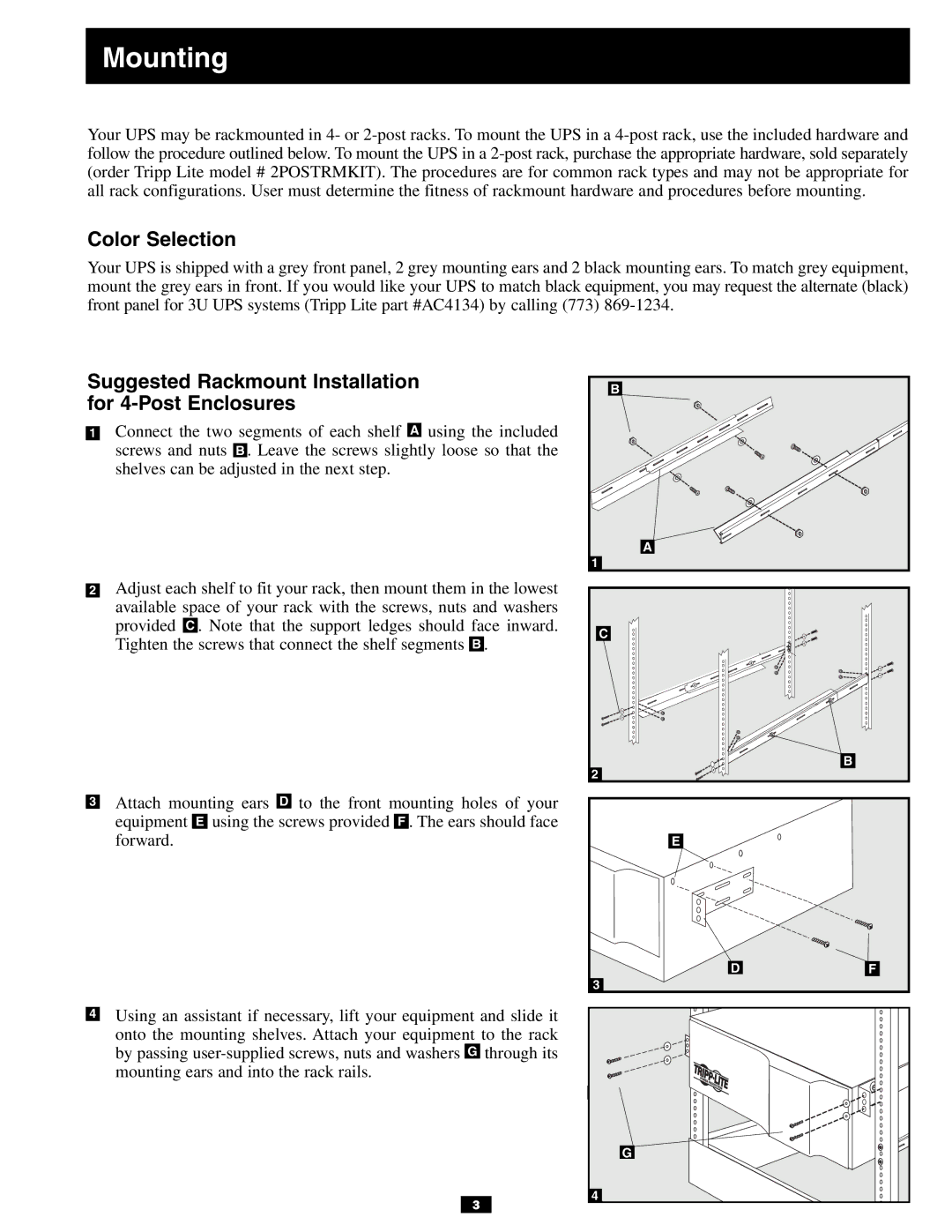 Tripp Lite 3U owner manual Mounting, Color Selection, Suggested Rackmount Installation for 4-Post Enclosures 