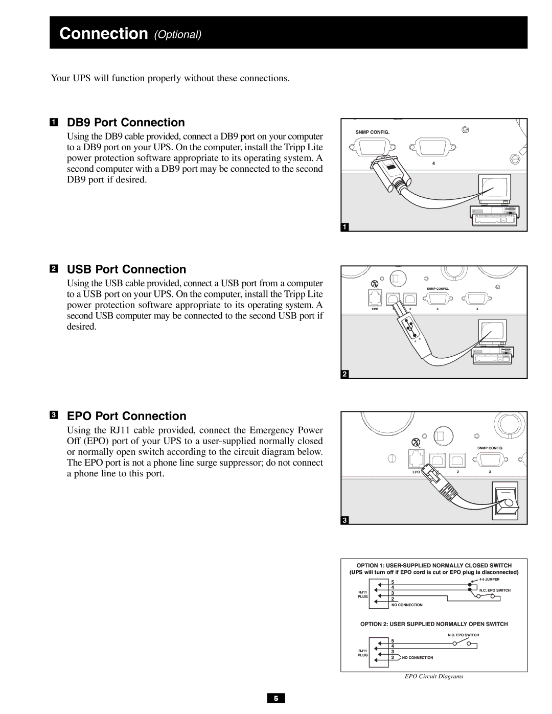 Tripp Lite 3U owner manual Connection Optional, DB9 Port Connection, USB Port Connection, EPO Port Connection 