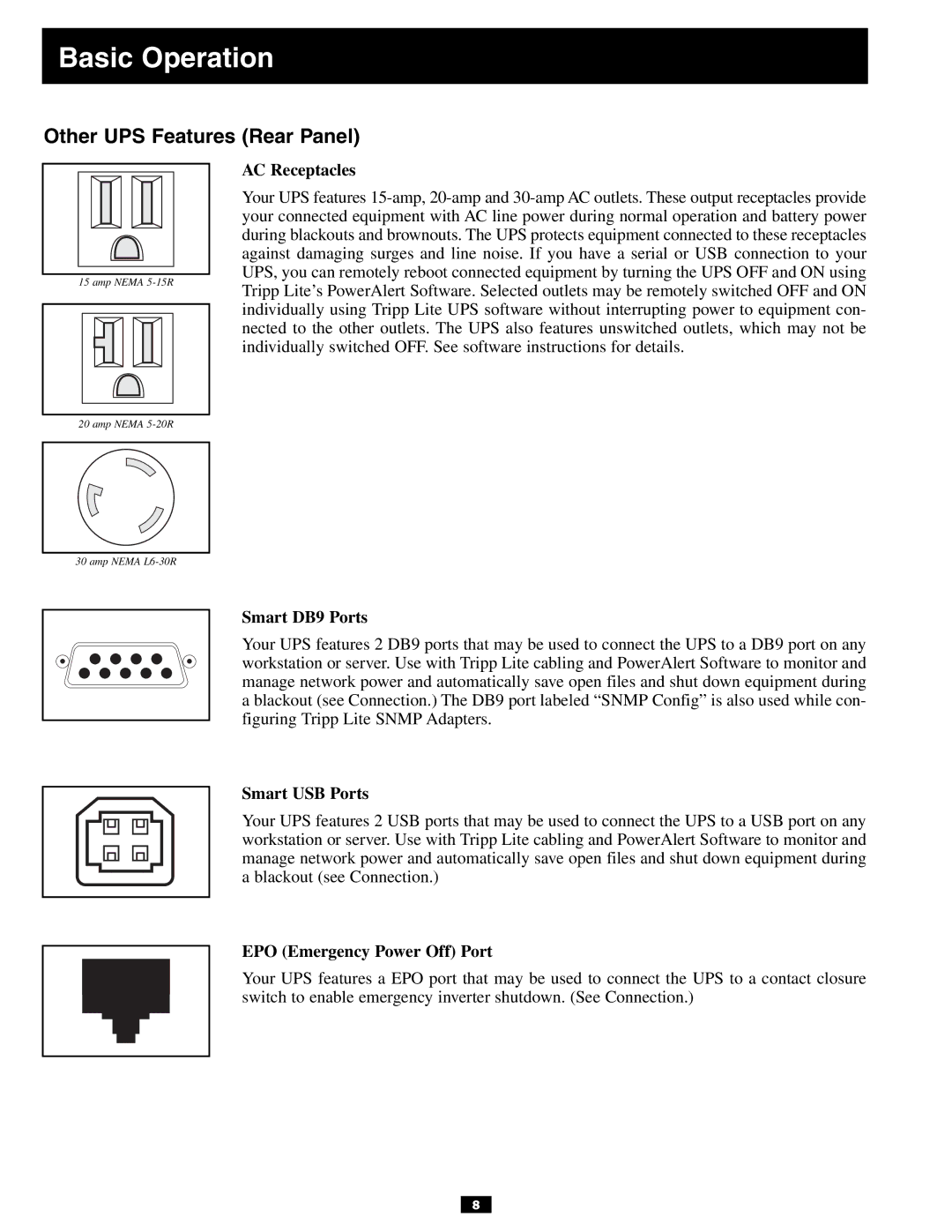 Tripp Lite 3U owner manual Other UPS Features Rear Panel, AC Receptacles, Smart DB9 Ports, Smart USB Ports 