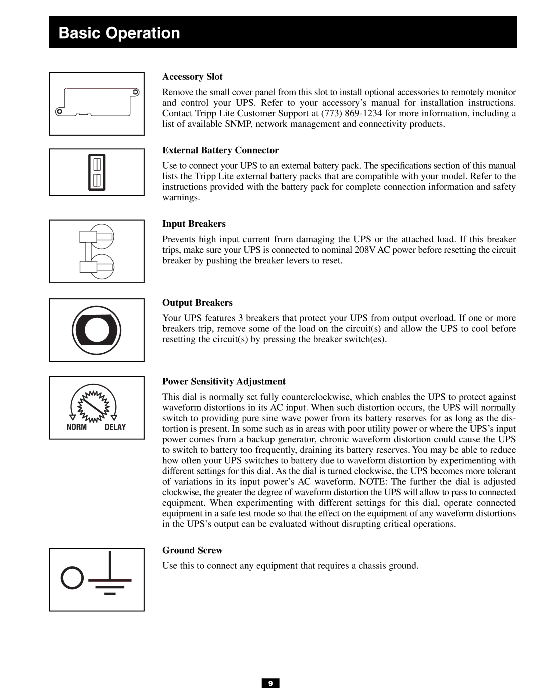 Tripp Lite 3U Accessory Slot, External Battery Connector, Input Breakers, Output Breakers, Power Sensitivity Adjustment 