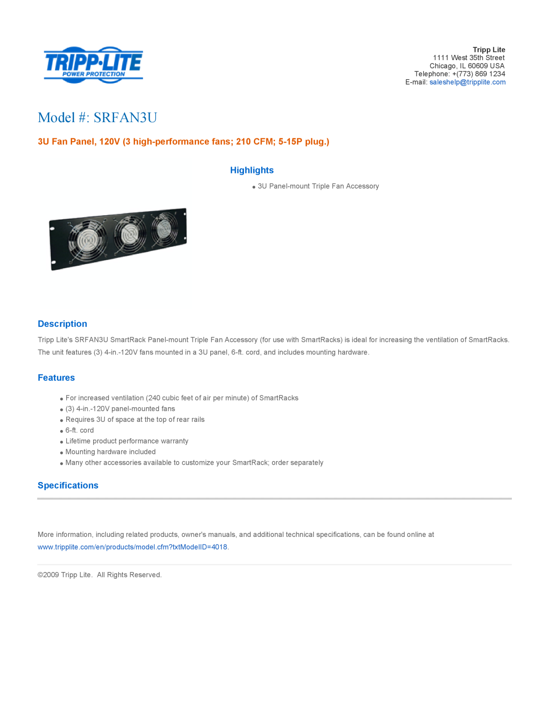 Tripp Lite warranty Model # SRFAN3U, Highlights, Description, Features, Specifications 