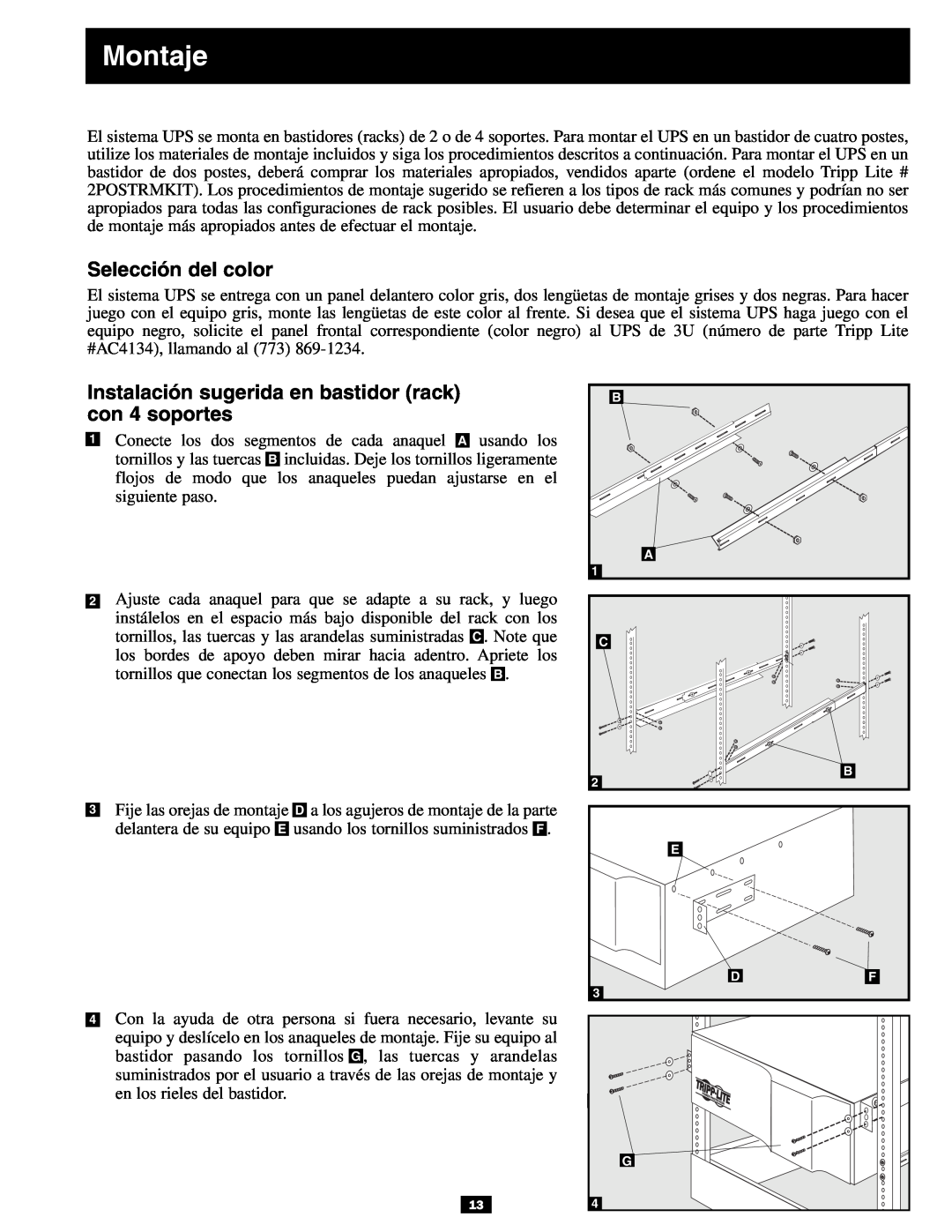 Tripp Lite 3U owner manual Montaje, Selección del color 