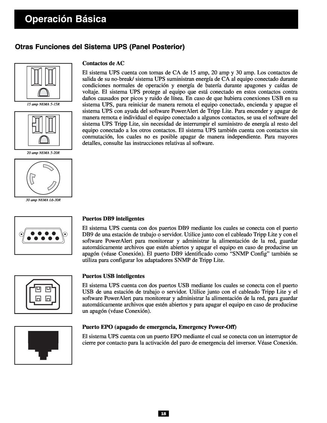 Tripp Lite 3U Otras Funciones del Sistema UPS Panel Posterior, Contactos de AC, Puertos DB9 inteligentes, Operación Básica 