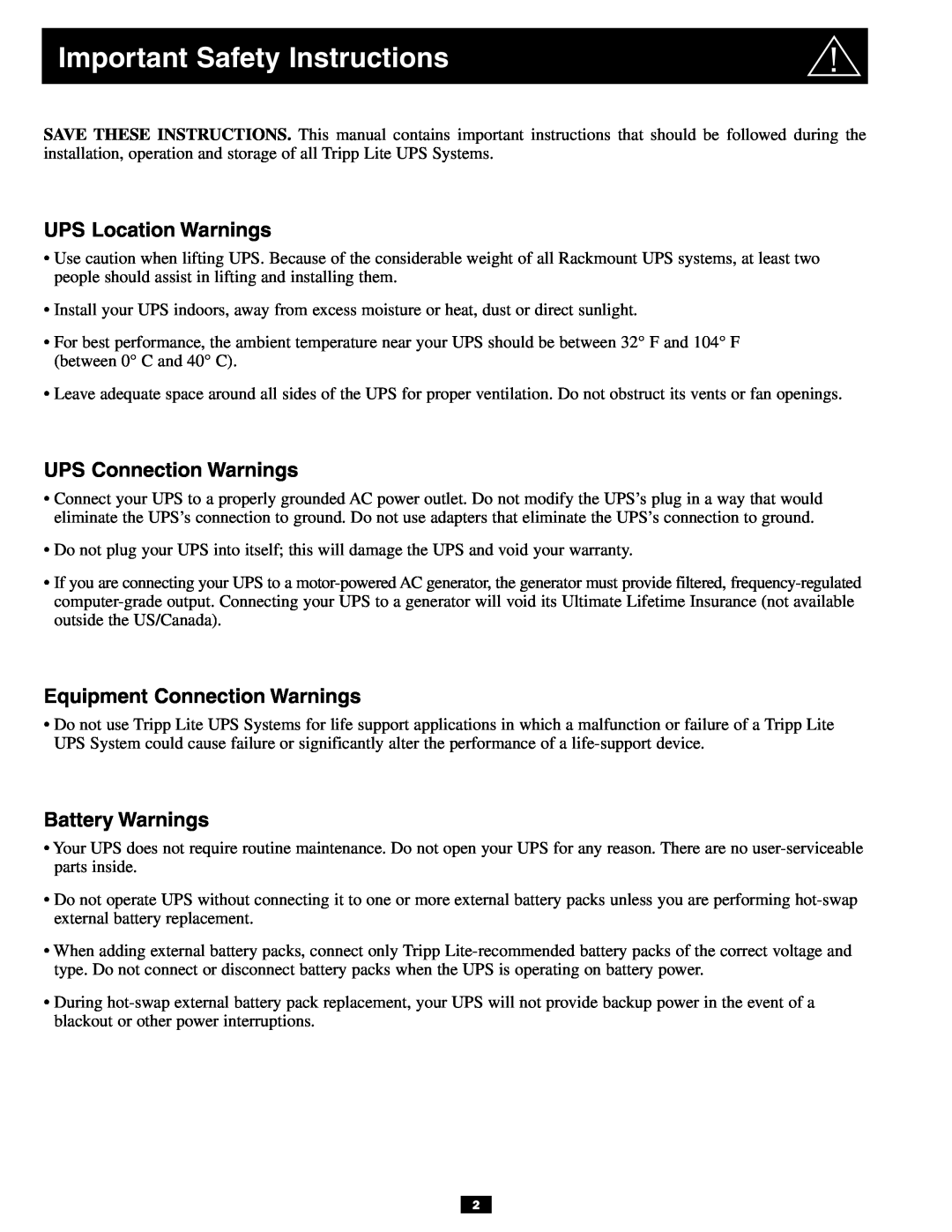 Tripp Lite 3U Important Safety Instructions, UPS Location Warnings, UPS Connection Warnings, Equipment Connection Warnings 