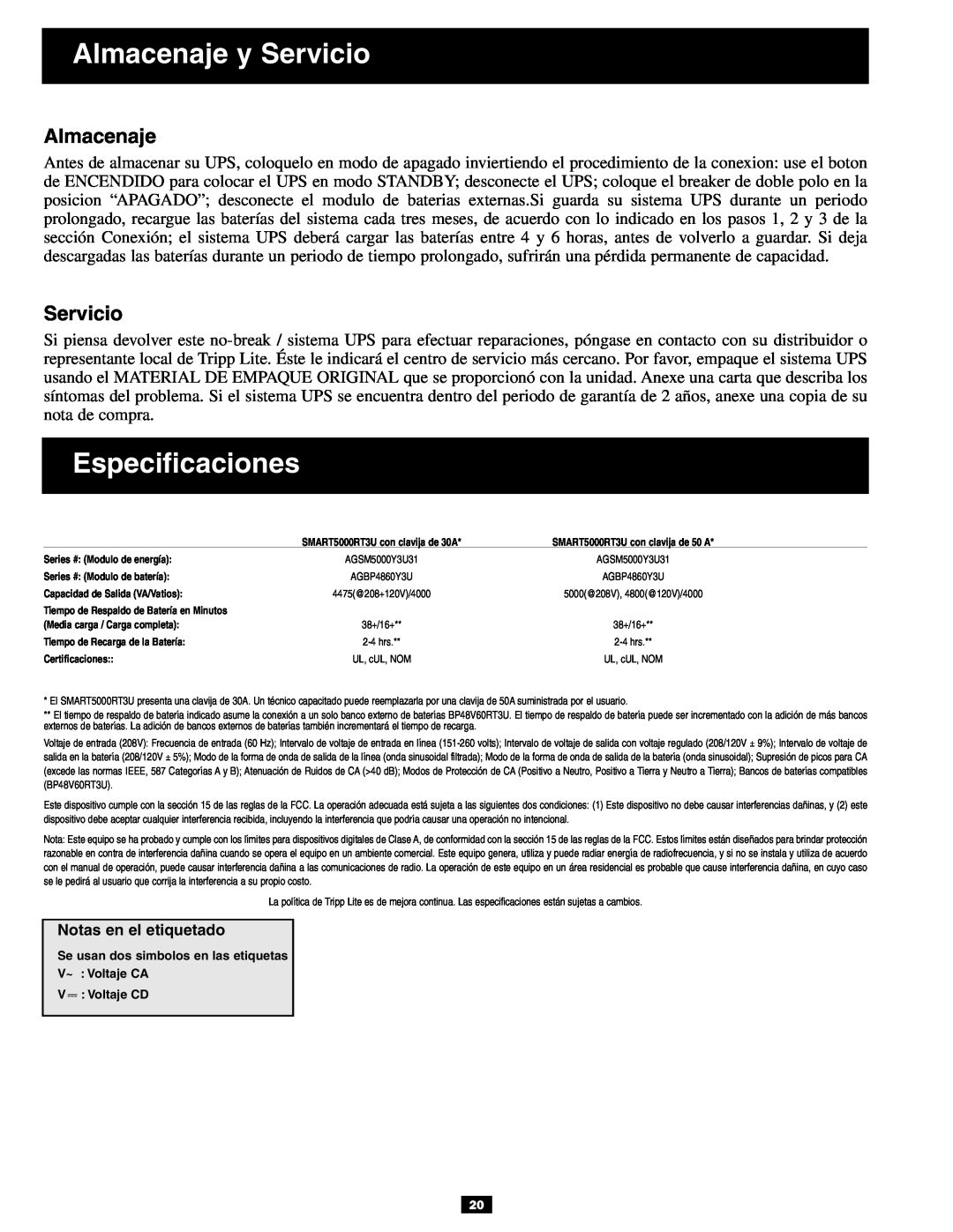 Tripp Lite 3U owner manual Almacenaje y Servicio, Especificaciones 