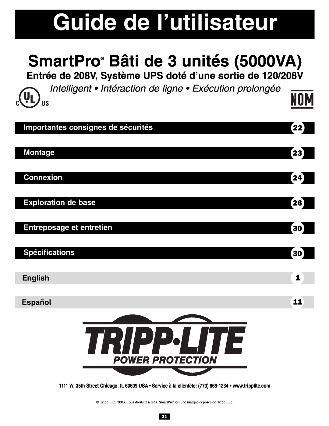 Tripp Lite 3U Guide de l’utilisateur, SmartPro Bâti de 3 unités 5000VA, Importantes consignes de sécurités, Montage 