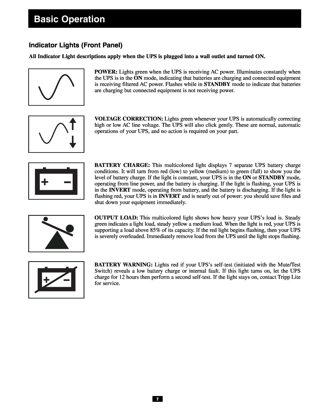 Tripp Lite 3U owner manual Indicator Lights Front Panel, Basic Operation 