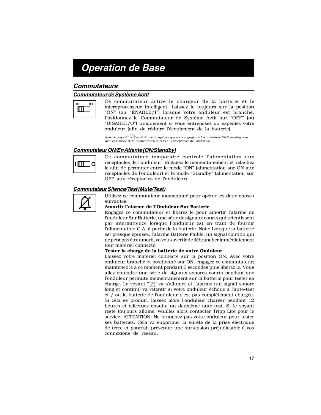 Tripp Lite 450-1400VA specifications Operation de Base, Commutateurs 