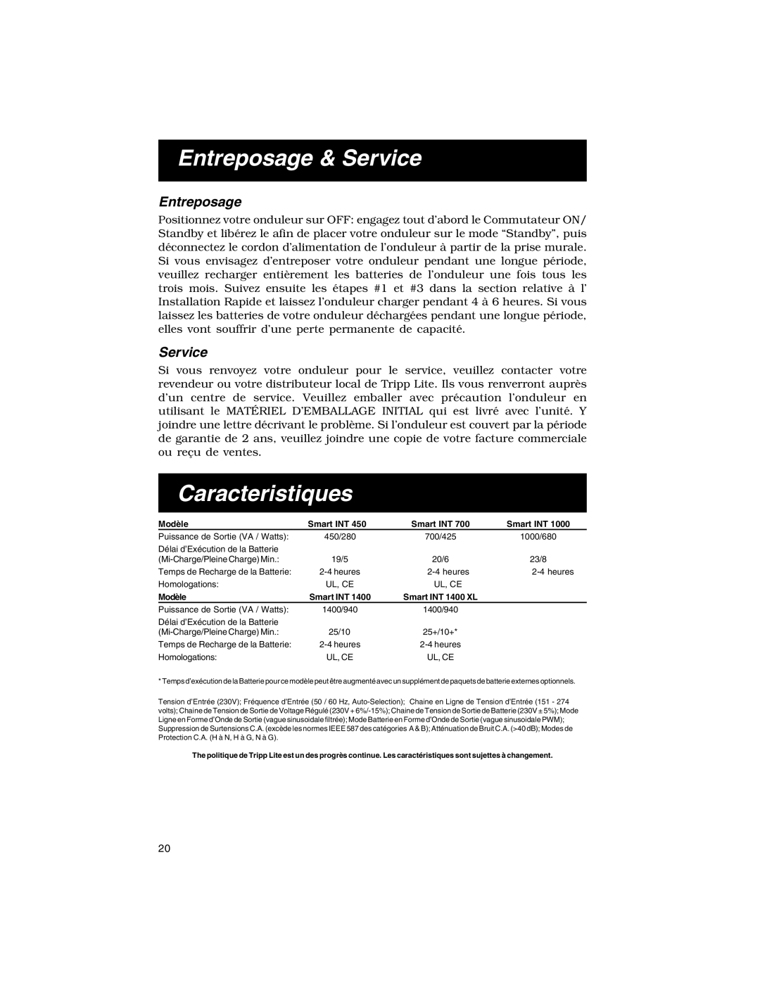 Tripp Lite 450-1400VA specifications Entreposage & Service, Caracteristiques 