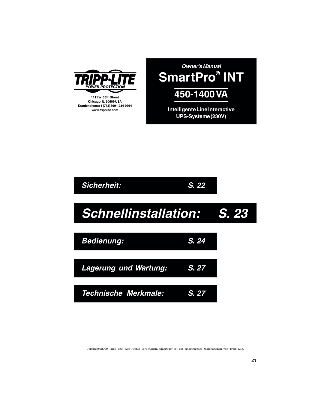 Tripp Lite 450-1400VA specifications Schnellinstallation S 