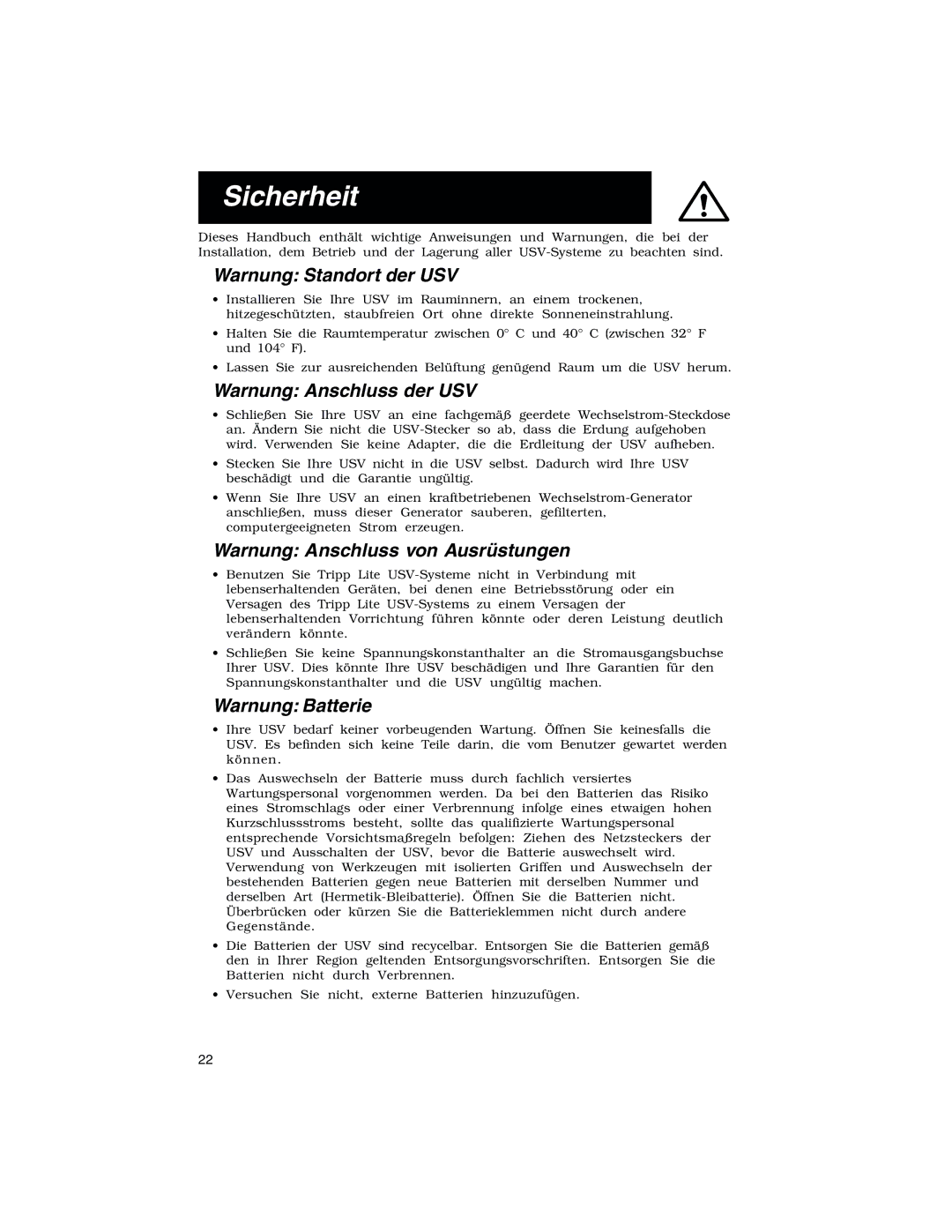 Tripp Lite 450-1400VA Sicherheit, Warnung Standort der USV, Warnung Anschluss der USV, Warnung Anschluss von Ausrüstungen 