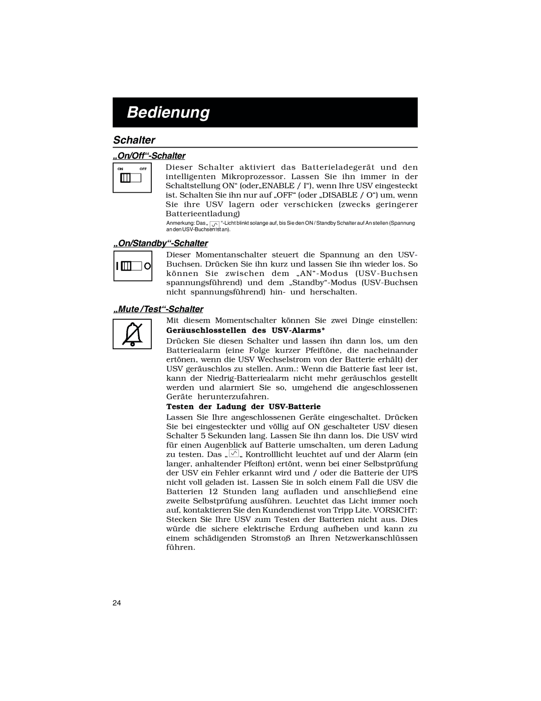 Tripp Lite 450-1400VA specifications Bedienung, „On/Off-Schalter, „On/Standby-Schalter, „Mute /Test-Schalter 