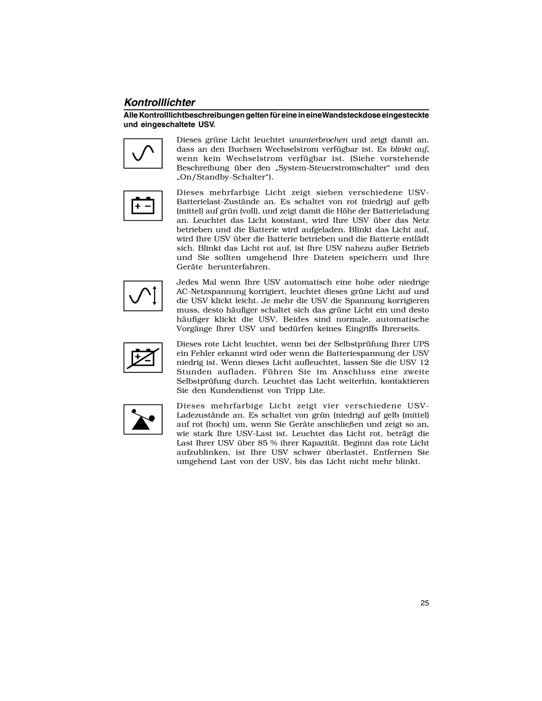 Tripp Lite 450-1400VA specifications Kontrolllichter 