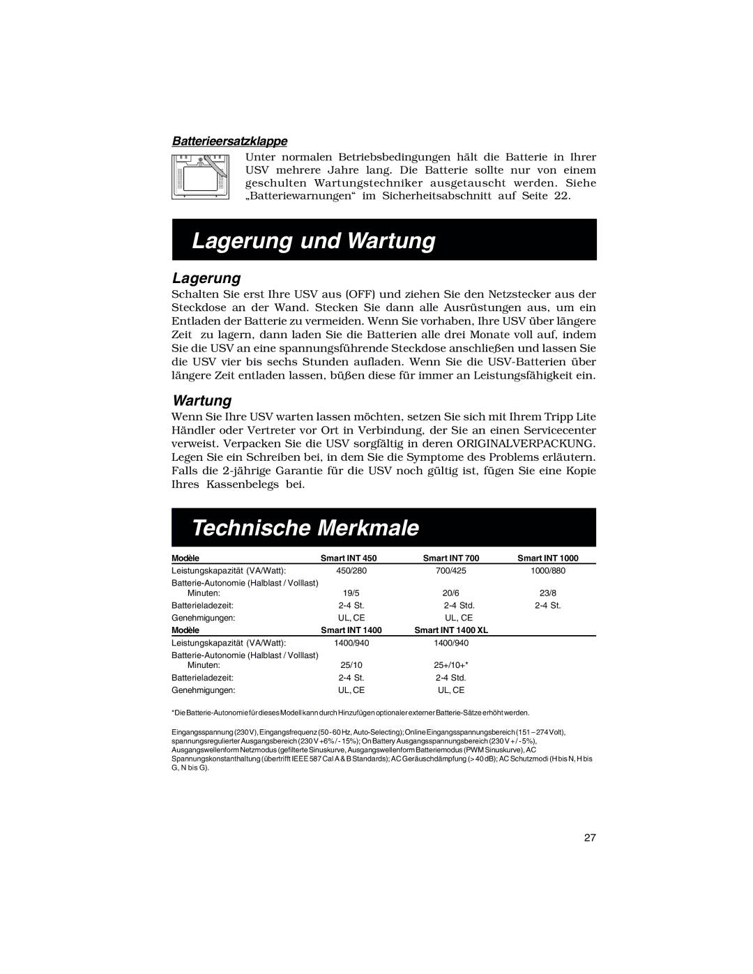 Tripp Lite 450-1400VA specifications Lagerung und Wartung, Technische Merkmale, Batterieersatzklappe 