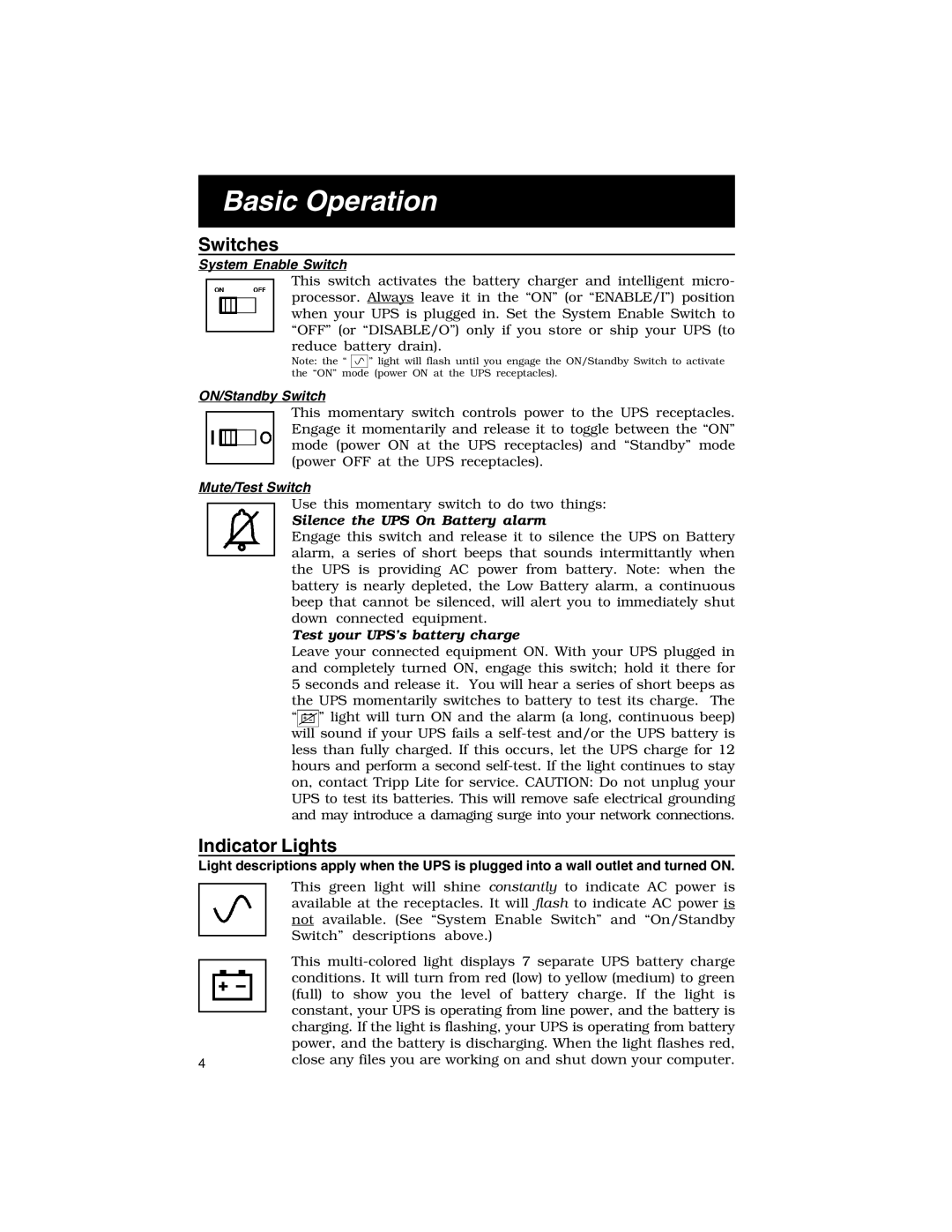 Tripp Lite 450-1400VA specifications Basic Operation, Switches 