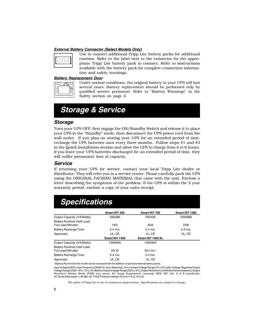 Tripp Lite 450-1400VA specifications Storage & Service, Specifications 