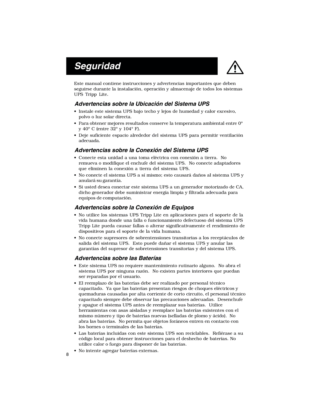 Tripp Lite 450-1400VA specifications Seguridad, Advertencias sobre la Ubicación del Sistema UPS 