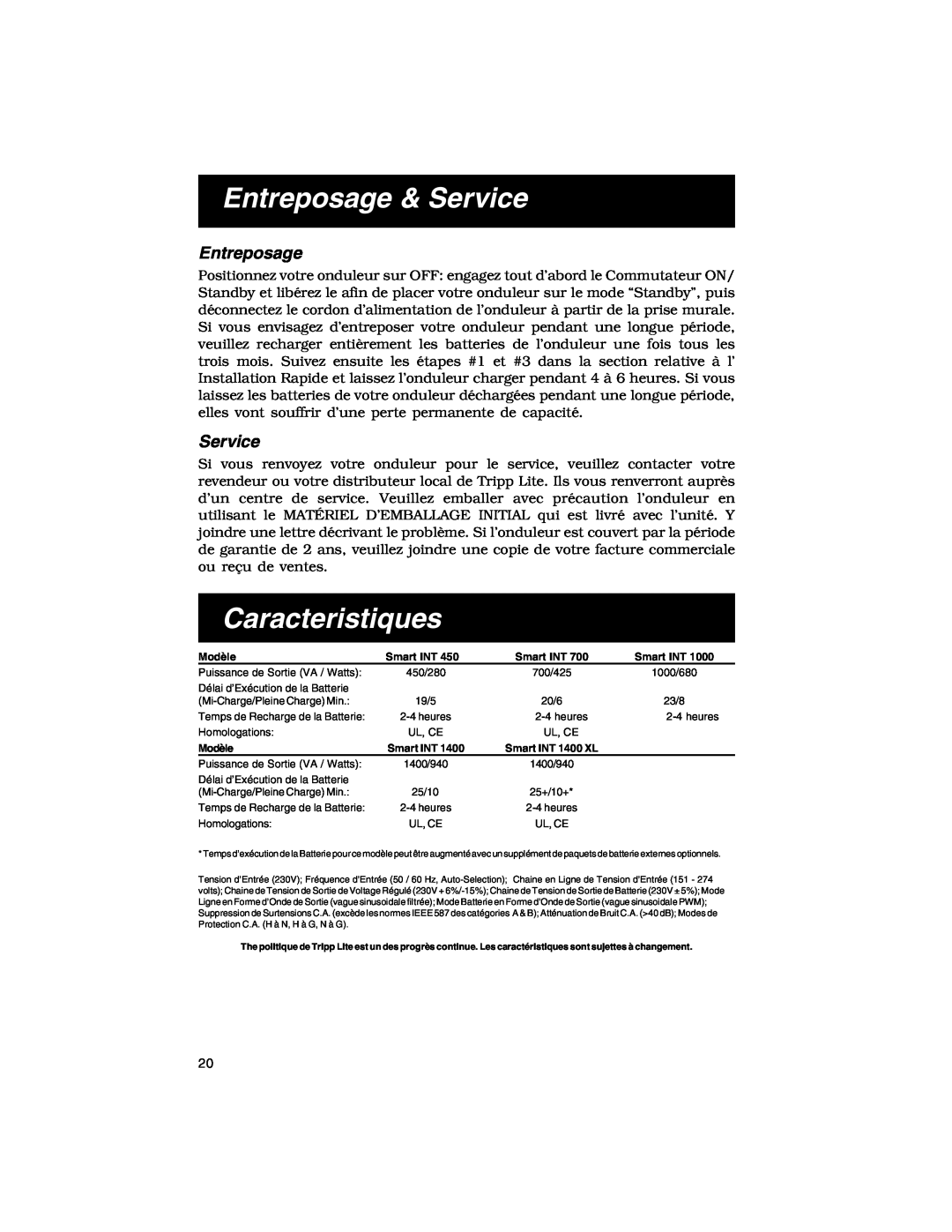 Tripp Lite 450-1400VA specifications Entreposage & Service, Caracteristiques 
