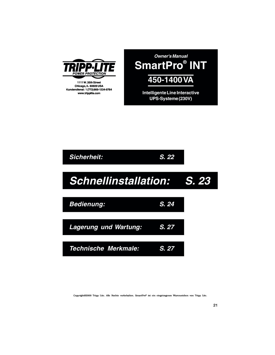 Tripp Lite 450-1400VA Schnellinstallation S, Sicherheit, Bedienung, Lagerung und Wartung, Technische Merkmale, 450-1400 VA 