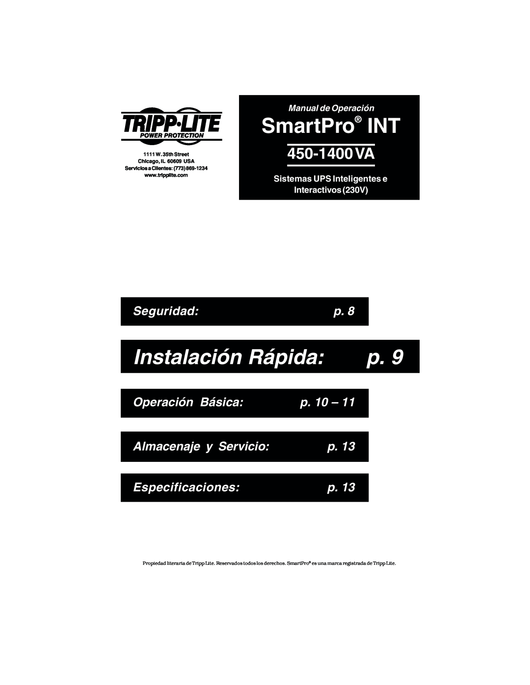 Tripp Lite 450-1400VA SmartPro INT, Instalación Rápida, 450-1400 VA, Seguridad, Operación Básica, p. 10, Especificaciones 