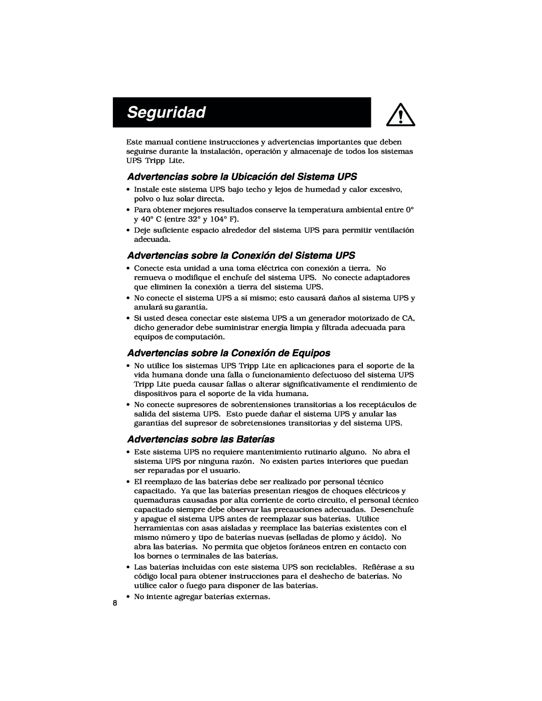 Tripp Lite 450-1400VA Seguridad, Advertencias sobre la Ubicación del Sistema UPS, Advertencias sobre las Baterías 