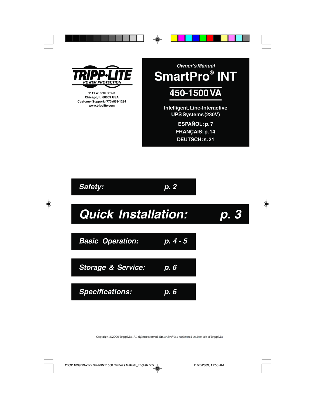 Tripp Lite 450-1500VA specifications Quick Installation 