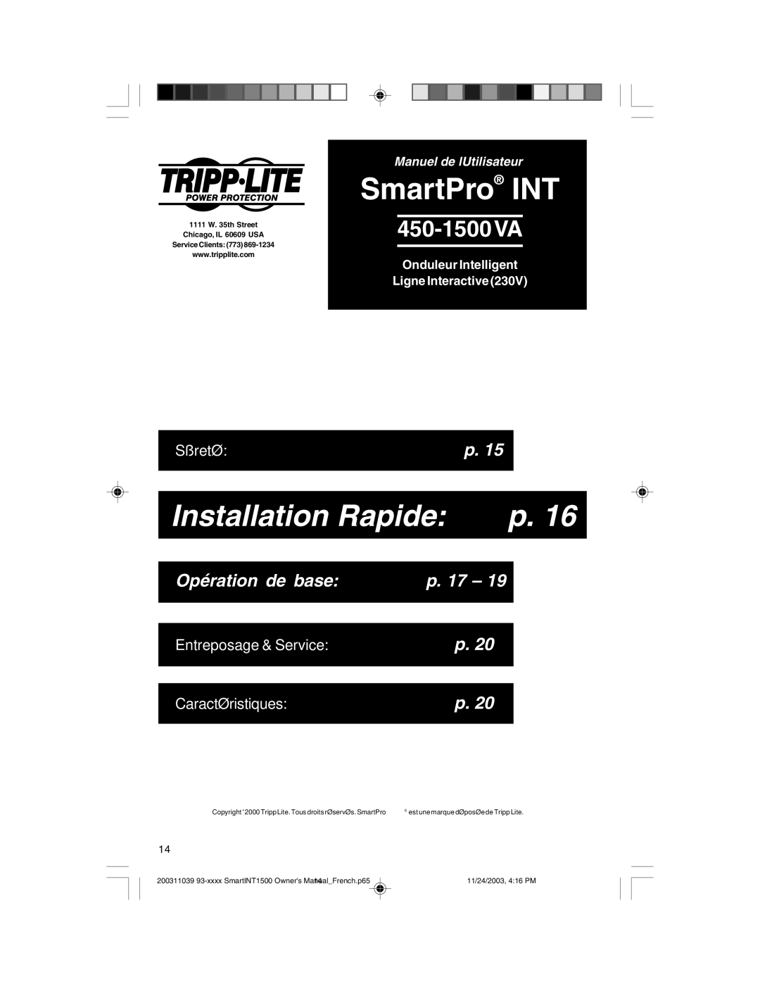 Tripp Lite 450-1500VA specifications Installation Rapide 