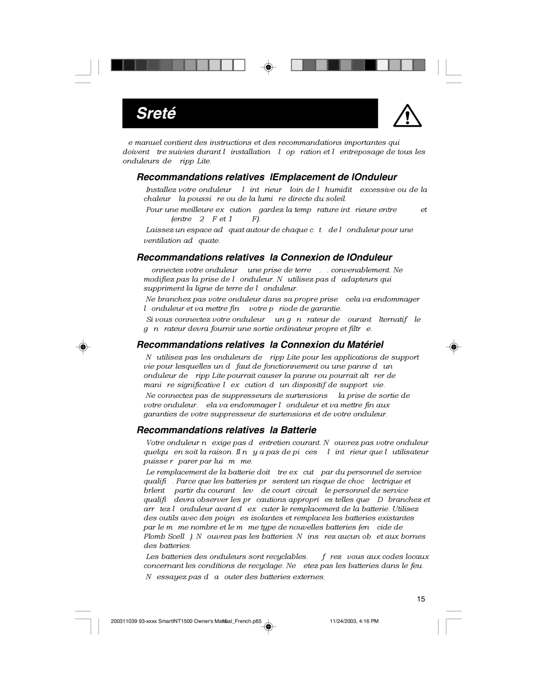 Tripp Lite 450-1500VA specifications Sûreté, Recommandations relatives à l’Emplacement de l’Onduleur 