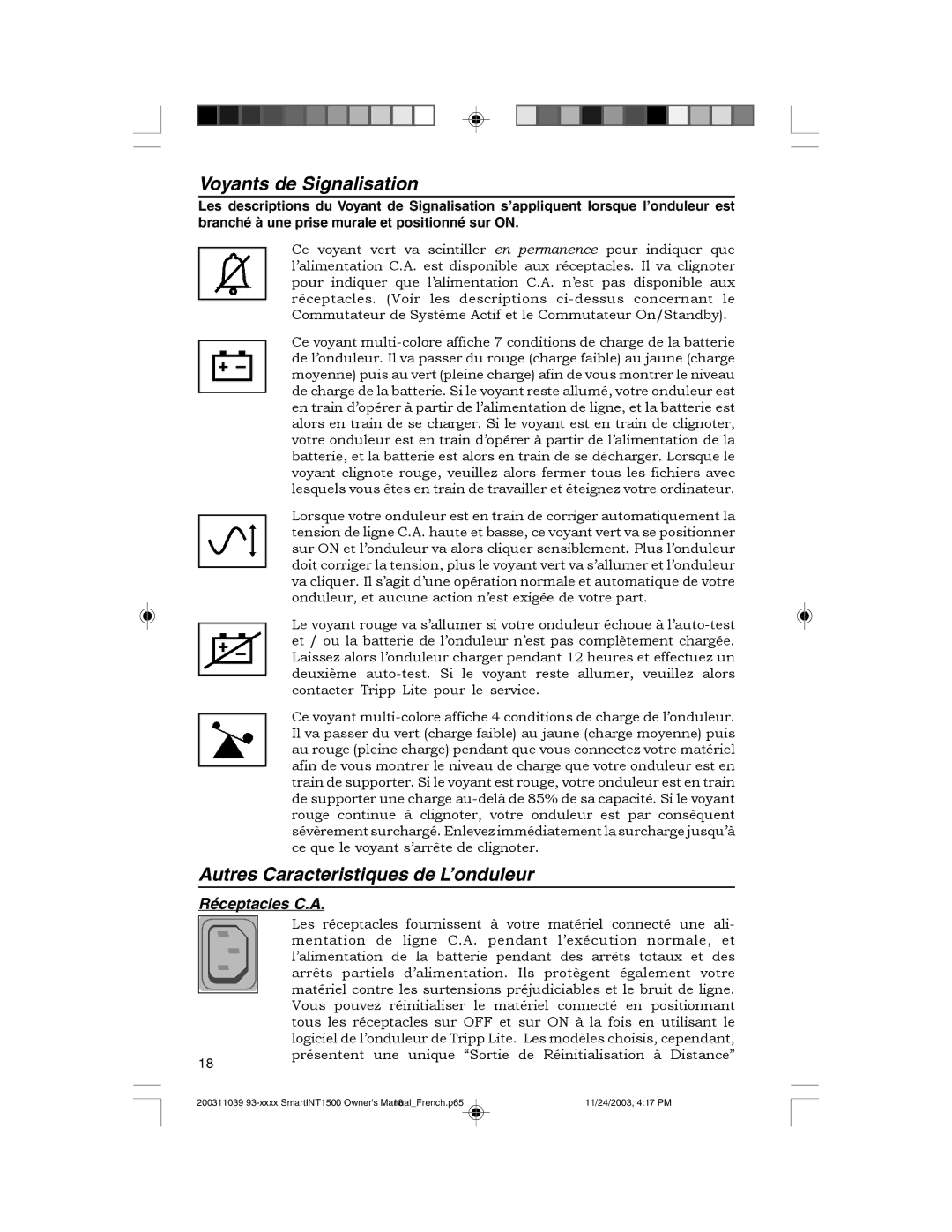 Tripp Lite 450-1500VA specifications Voyants de Signalisation, Autres Caracteristiques de L’onduleur, Réceptacles C.A 