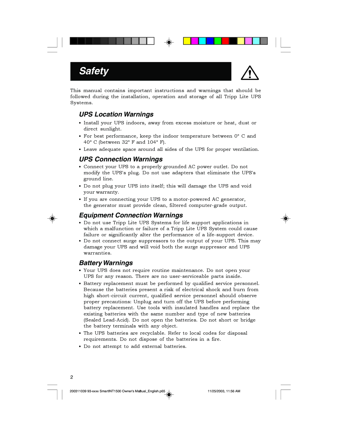 Tripp Lite 450-1500VA specifications Safety, UPS Location Warnings, UPS Connection Warnings, Equipment Connection Warnings 