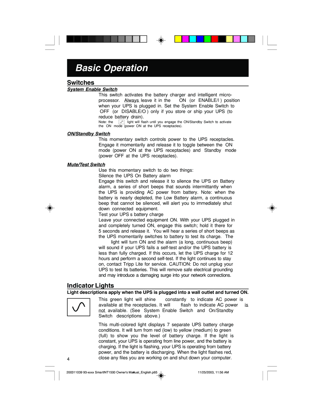 Tripp Lite 450-1500VA specifications Basic Operation, Switches 