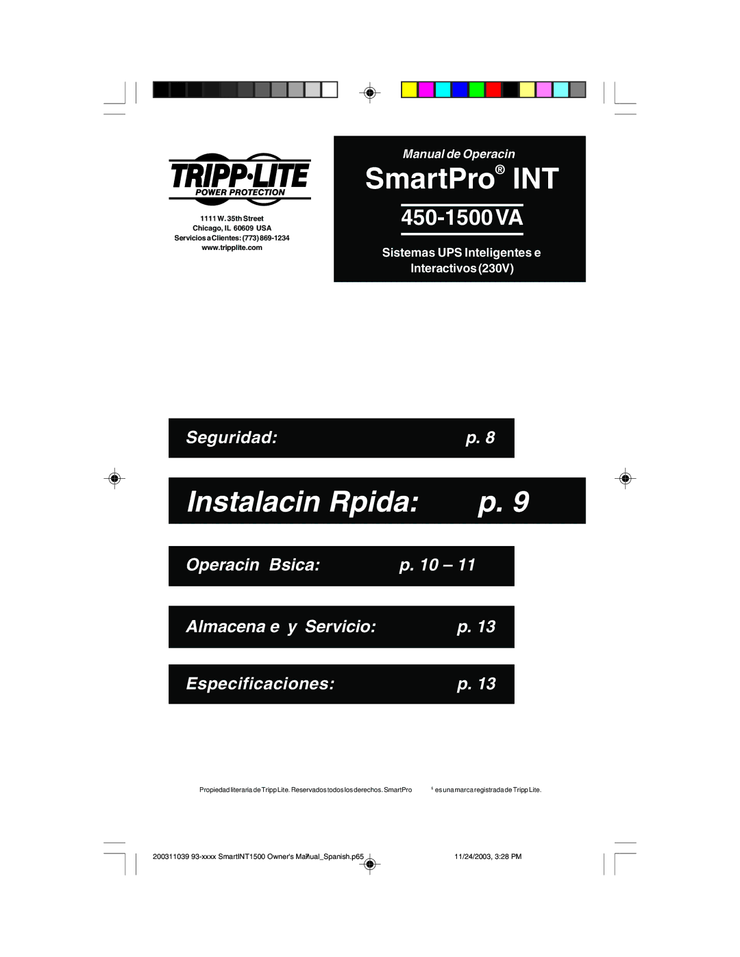 Tripp Lite 450-1500VA specifications Instalación Rápida 