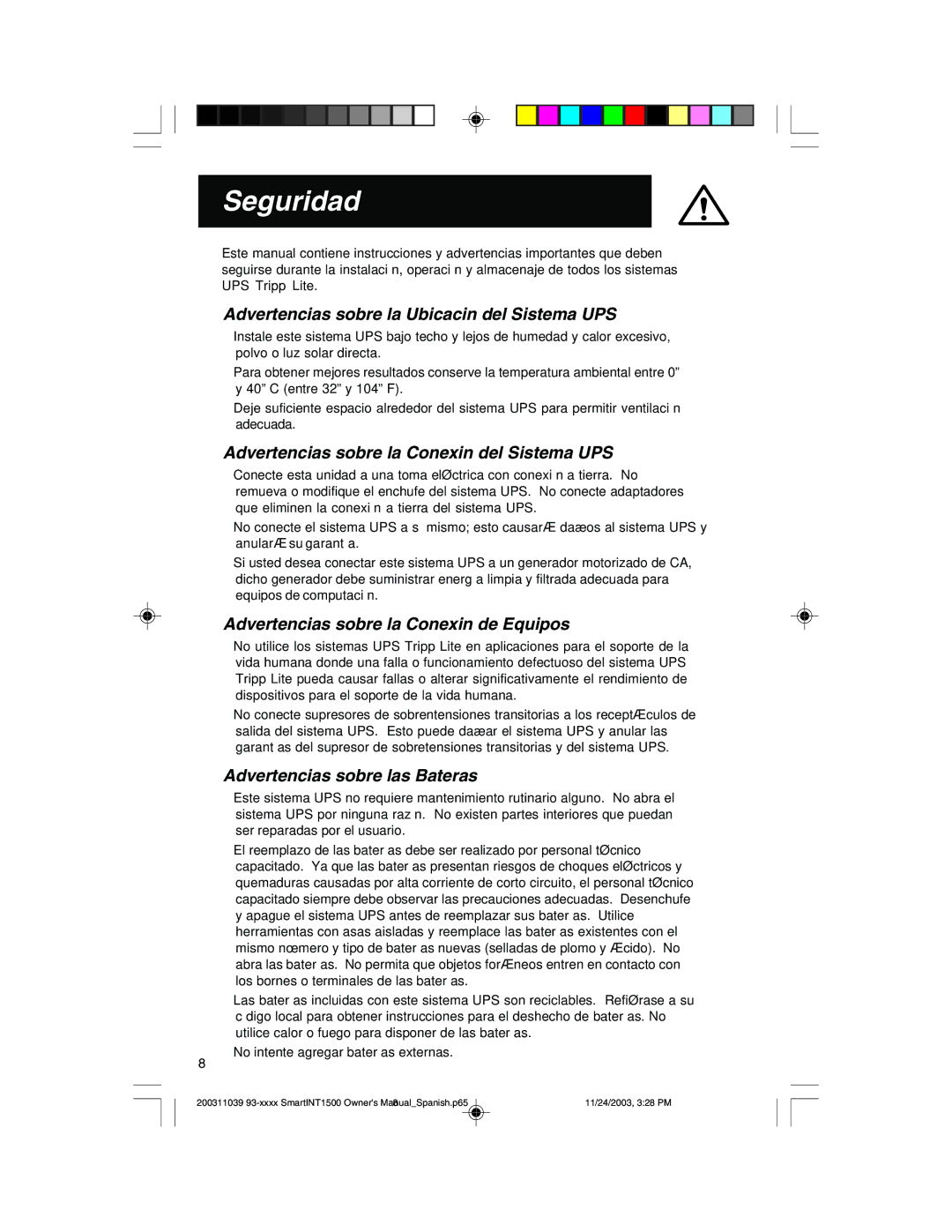 Tripp Lite 450-1500VA Seguridad, Advertencias sobre la Ubicación del Sistema UPS, Advertencias sobre las Baterías 