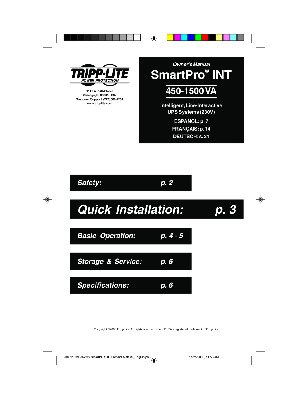 Tripp Lite 450-1500VA specifications SmartPro INT, Quick Installation, Safety, Basic Operation, p. 4, Storage & Service 