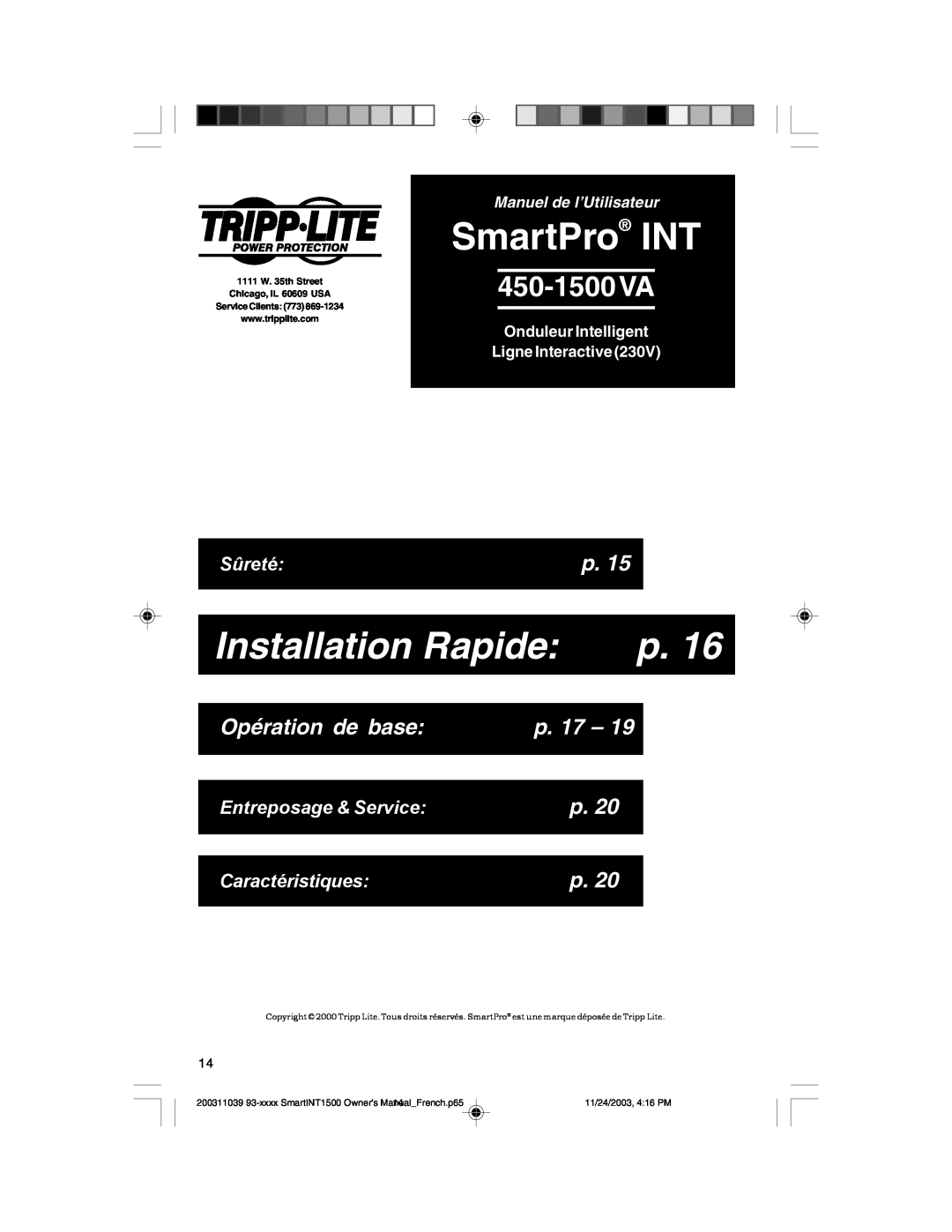 Tripp Lite 450-1500VA Installation Rapide, Opération de base, p. 17, Manuel de l’Utilisateur, SmartPro INT, Sûreté 
