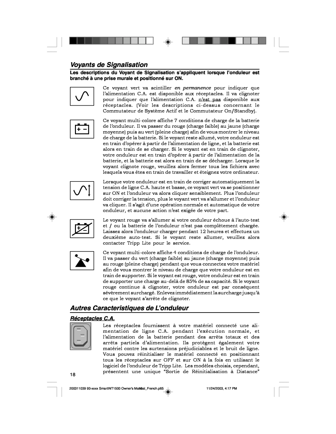 Tripp Lite 450-1500VA specifications Voyants de Signalisation, Autres Caracteristiques de L’onduleur, Réceptacles C.A 