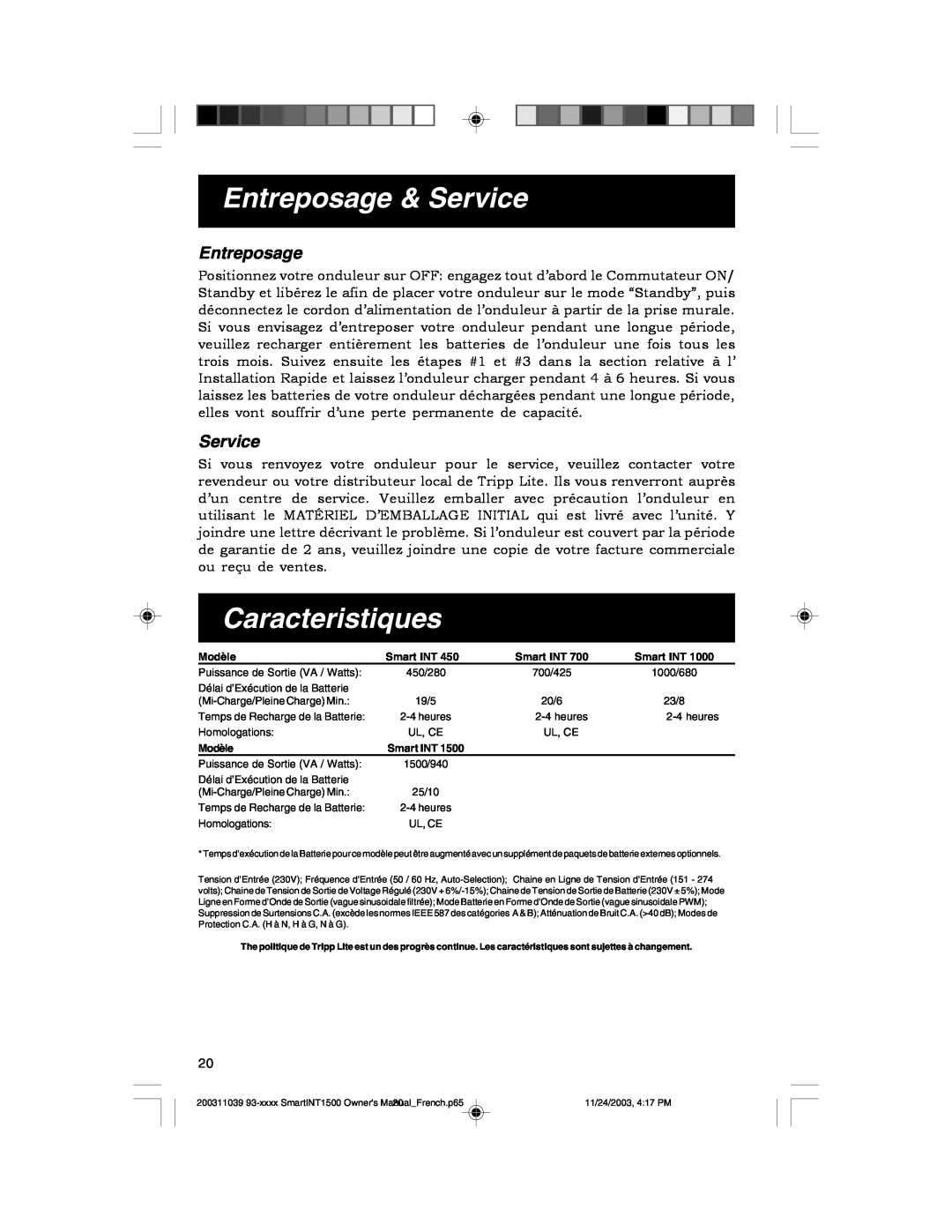 Tripp Lite 450-1500VA specifications Entreposage & Service, Caracteristiques 