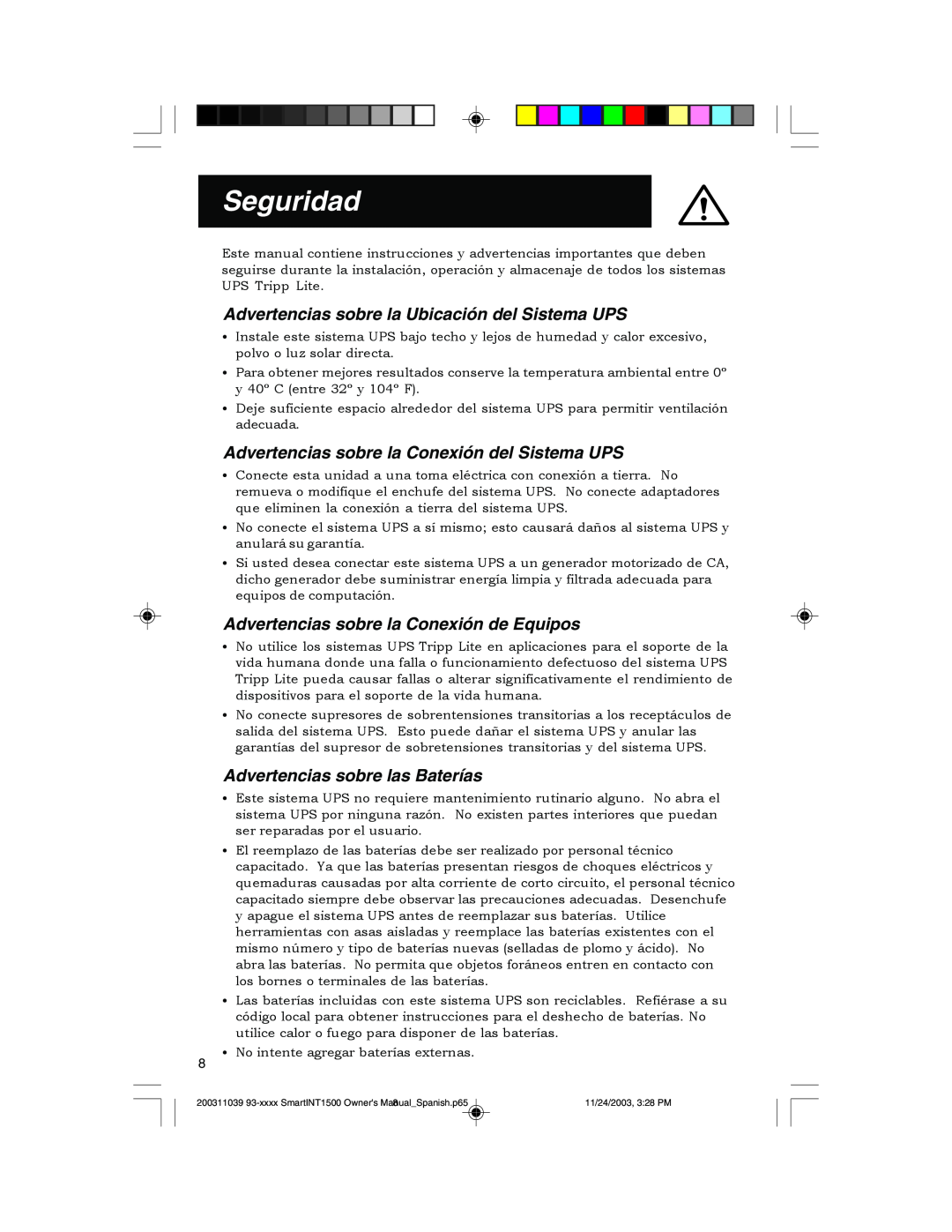 Tripp Lite 450-1500VA Seguridad, Advertencias sobre la Ubicación del Sistema UPS, Advertencias sobre las Baterías 