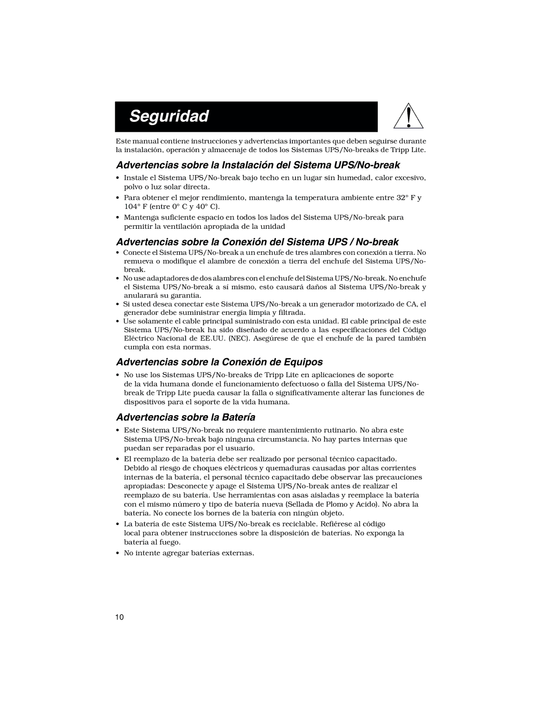 Tripp Lite 450 RT Seguridad, Advertencias sobre la Instalación del Sistema UPS/No-break, Advertencias sobre la Batería 