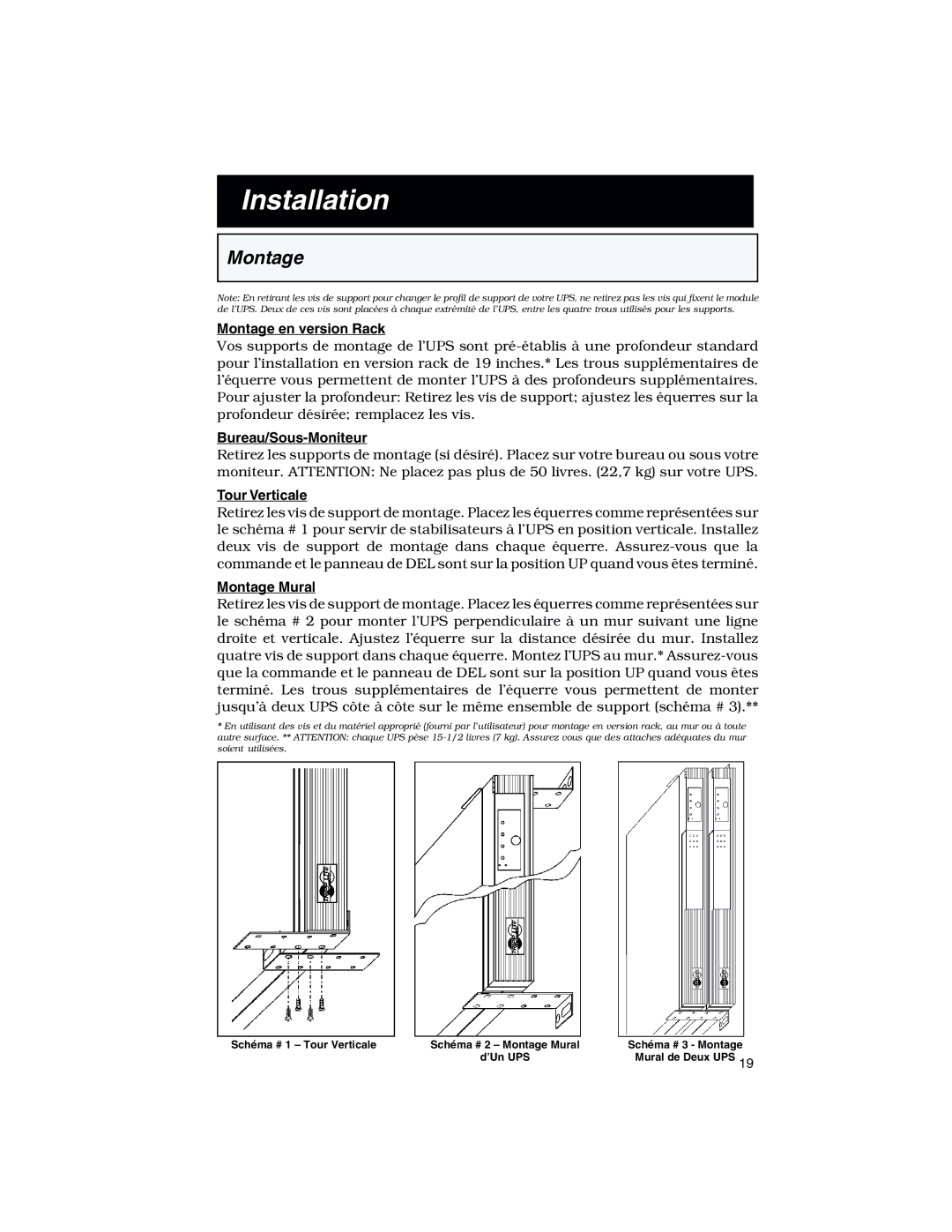 Tripp Lite 450 RT specifications Montage en version Rack, Bureau/Sous-Moniteur, Tour Verticale, Montage Mural 