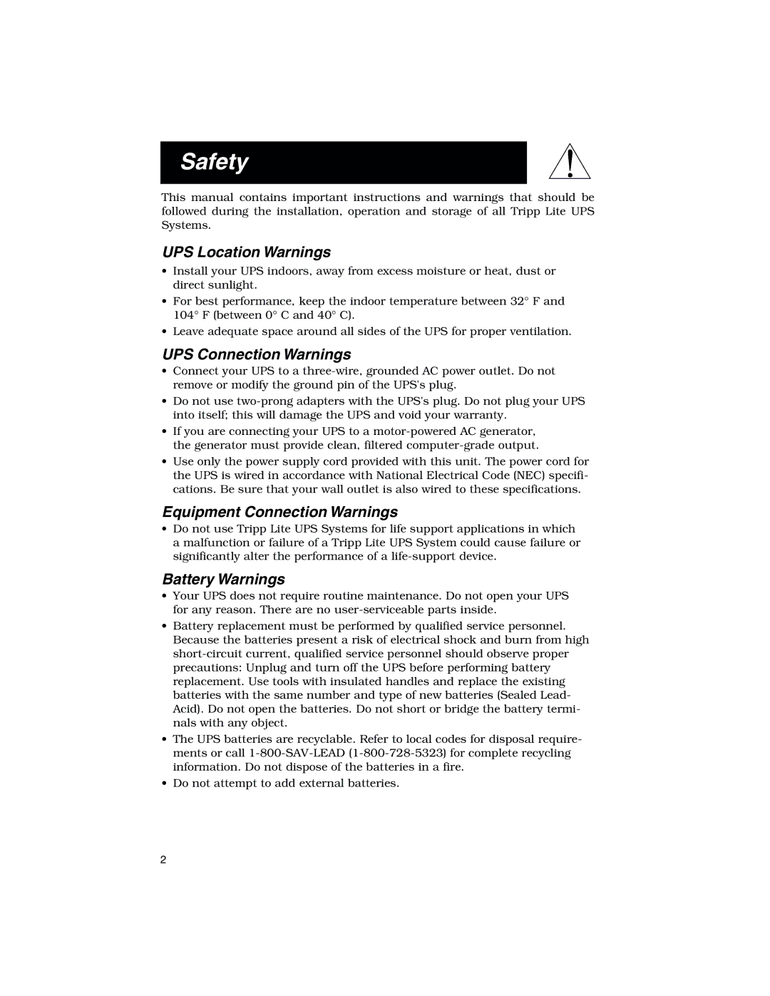 Tripp Lite 450 RT Safety, UPS Location Warnings, UPS Connection Warnings, Equipment Connection Warnings, Battery Warnings 