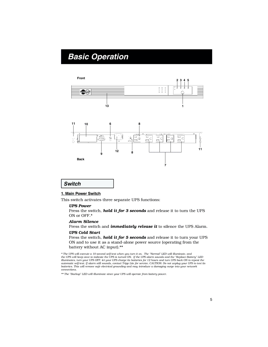 Tripp Lite 450 RT specifications Basic Operation, Main Power Switch 