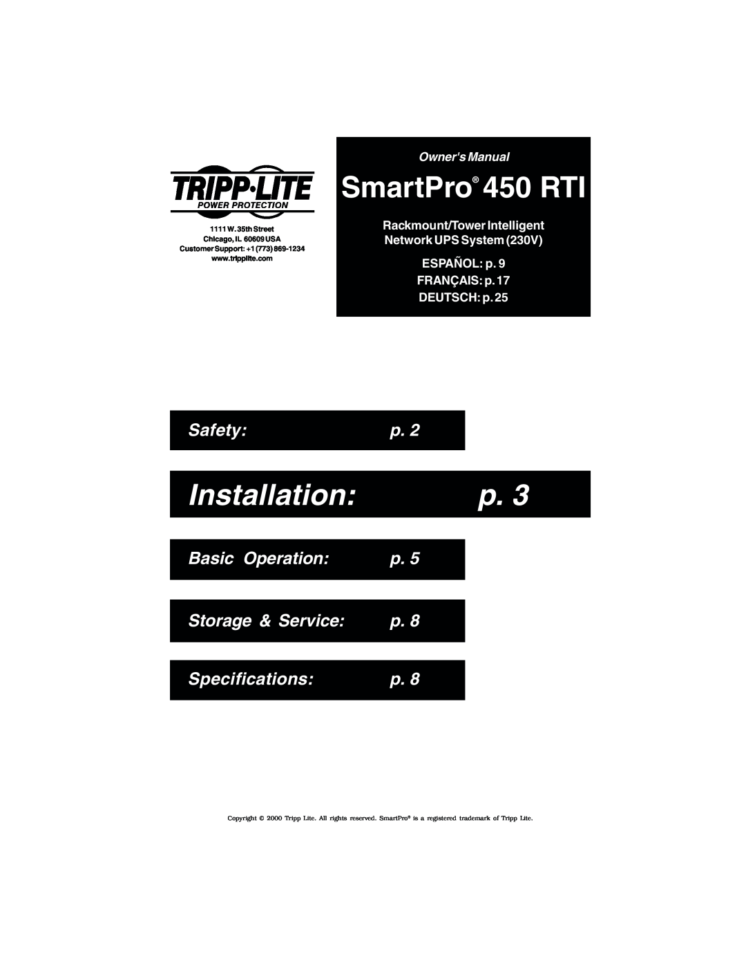 Tripp Lite specifications SmartPro 450 RTI, Installation, Safety, Basic Operation, Storage & Service, Specifications 