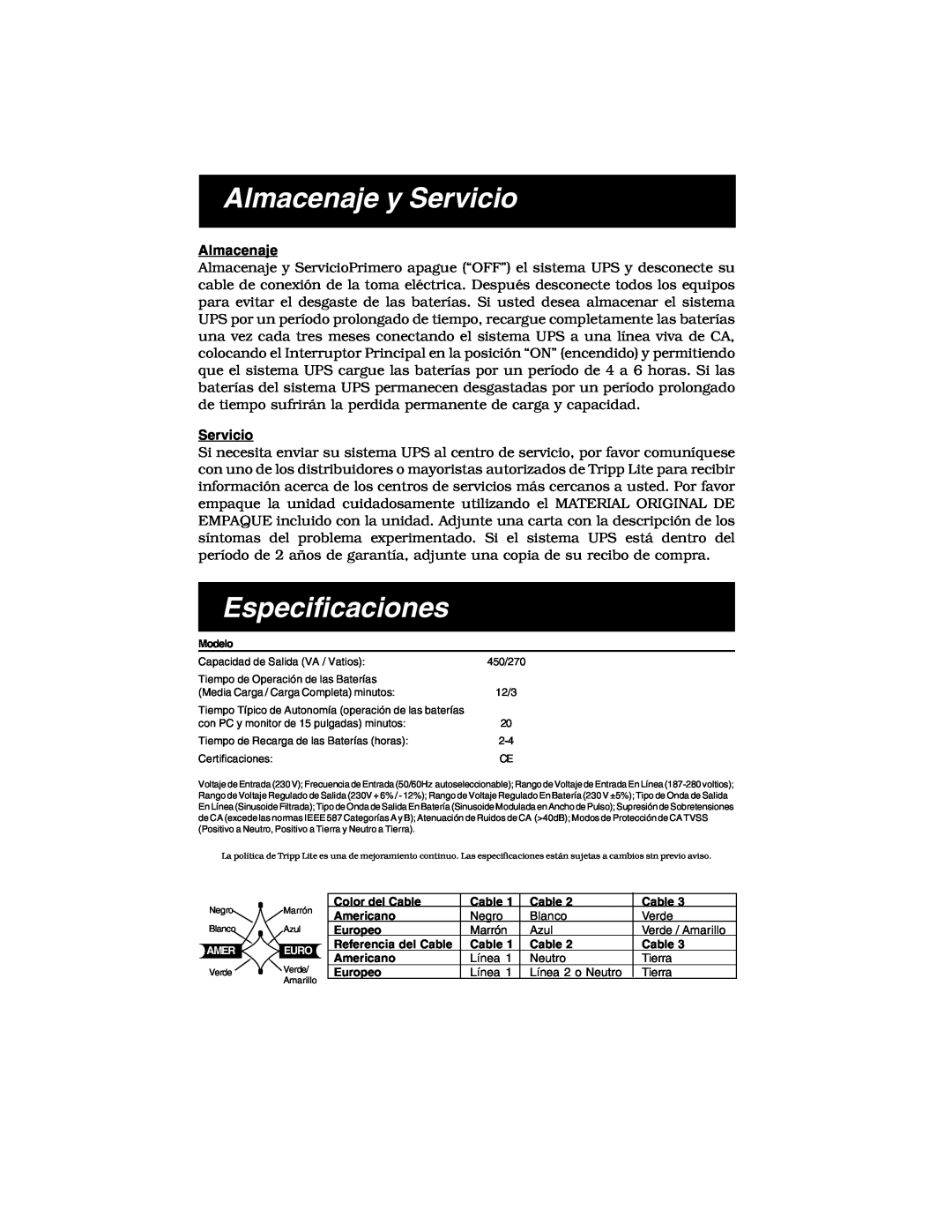 Tripp Lite 450 RTI specifications Almacenaje y Servicio, Especificaciones 