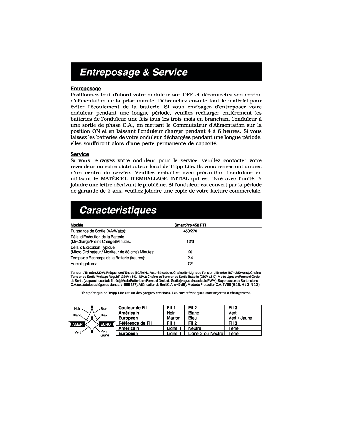 Tripp Lite 450 RTI specifications Entreposage & Service, Caracteristiques, Modèle 