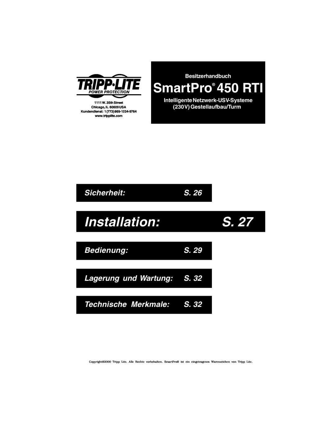 Tripp Lite Installation, Sicherheit, Bedienung, Lagerung und Wartung S, Technische Merkmale, SmartPro 450 RTI 