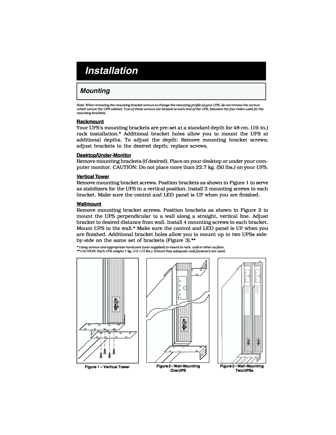 Tripp Lite 450 RTI specifications Installation, Rackmount, Desktop/Under-Monitor, Vertical Tower, Wallmount 
