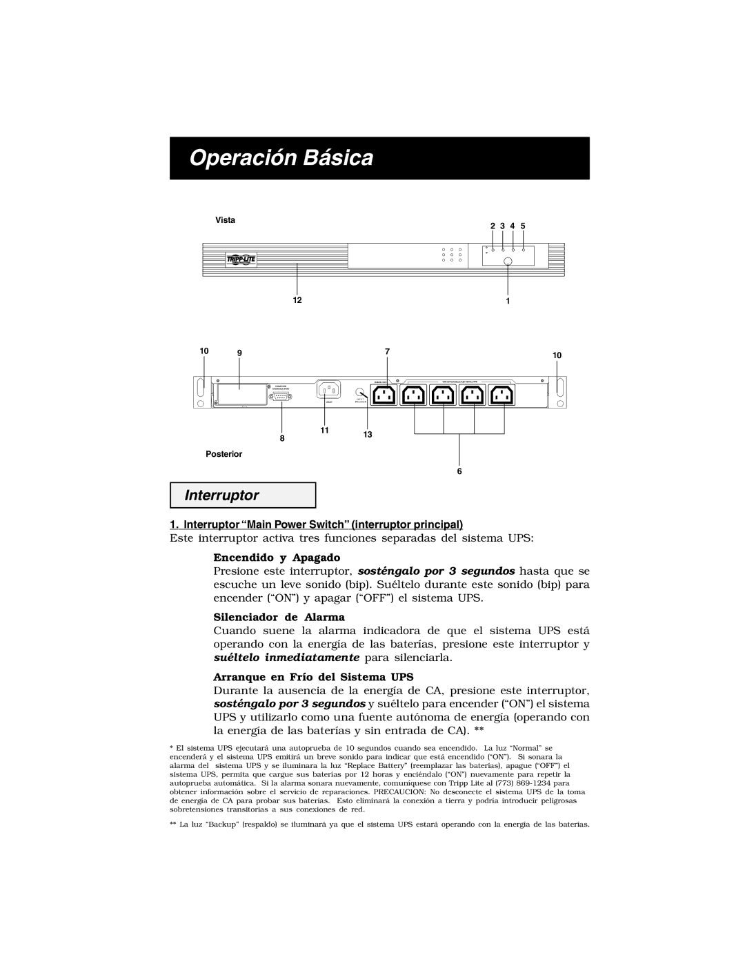 Tripp Lite 450 RTI specifications Operación Básica, Interruptor Main Power Switch interruptor principal 