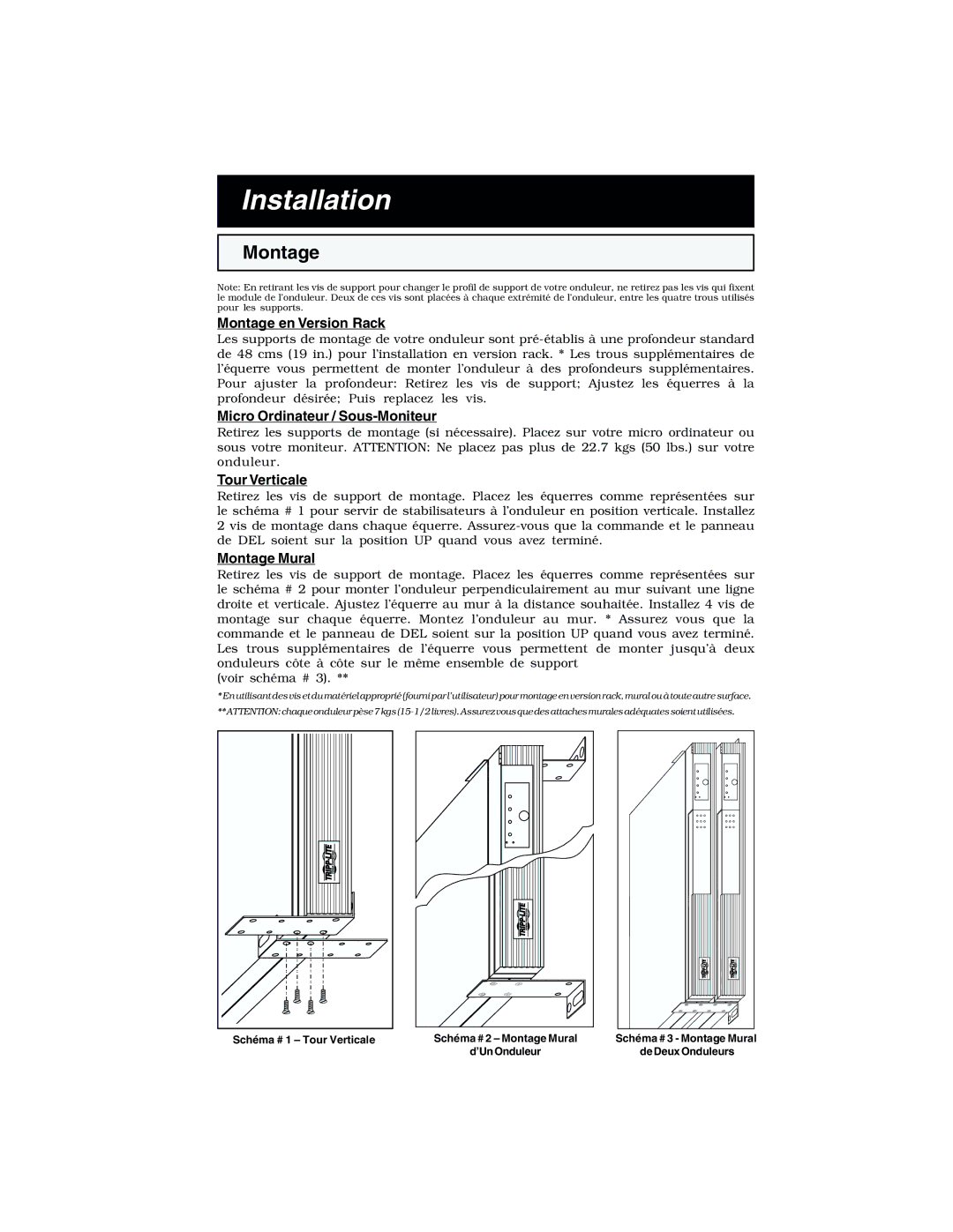 Tripp Lite 450 RTI specifications Montage en Version Rack, Micro Ordinateur / Sous-Moniteur, Tour Verticale, Montage Mural 