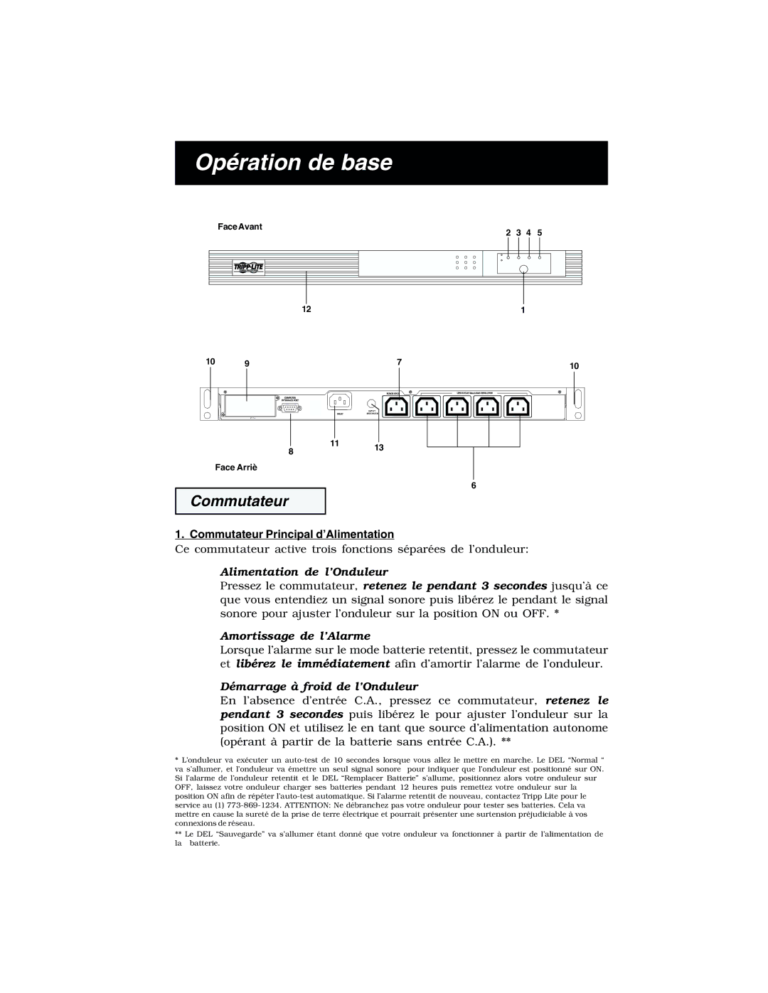 Tripp Lite 450 RTI specifications Opération de base, Commutateur Principal d’Alimentation 